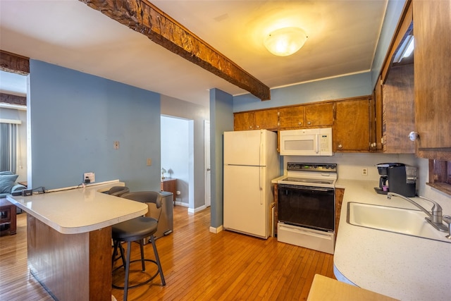 kitchen featuring a breakfast bar, sink, white appliances, kitchen peninsula, and beam ceiling