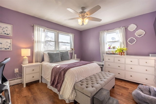 bedroom with a baseboard radiator, dark hardwood / wood-style floors, and multiple windows