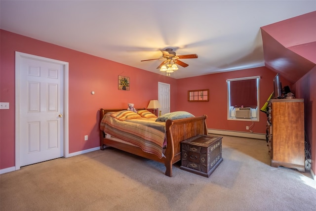 carpeted bedroom featuring cooling unit, ceiling fan, and baseboard heating