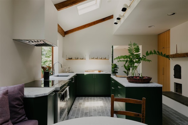 kitchen featuring lofted ceiling with skylight, sink, green cabinetry, electric range, and custom range hood