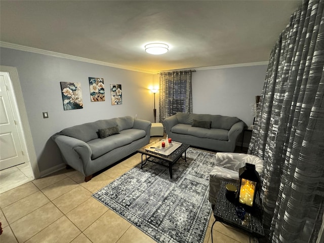 living room featuring crown molding and tile patterned floors