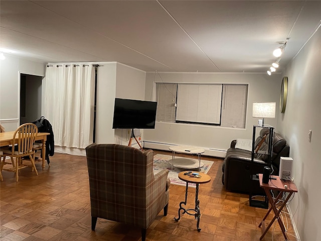 living room featuring parquet floors