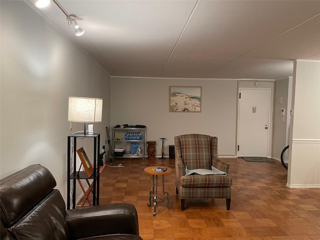 living area with parquet flooring