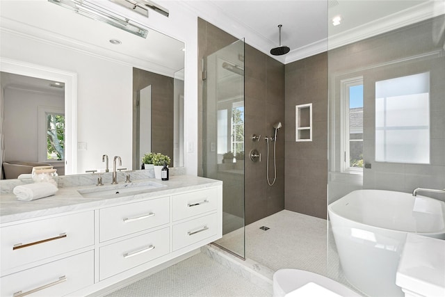 bathroom featuring ornamental molding, independent shower and bath, tile patterned flooring, and vanity