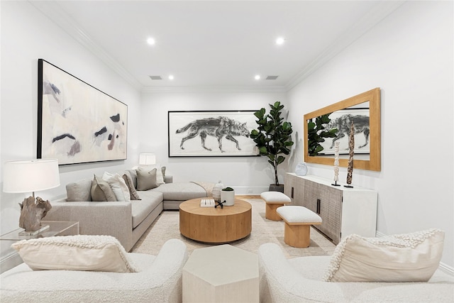 living room with crown molding