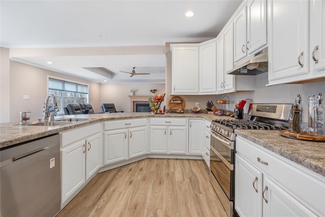 kitchen with white cabinetry, ceiling fan, appliances with stainless steel finishes, and sink