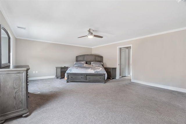 unfurnished bedroom featuring crown molding, ceiling fan, and light carpet