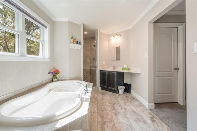 bathroom with crown molding, vanity, and plus walk in shower