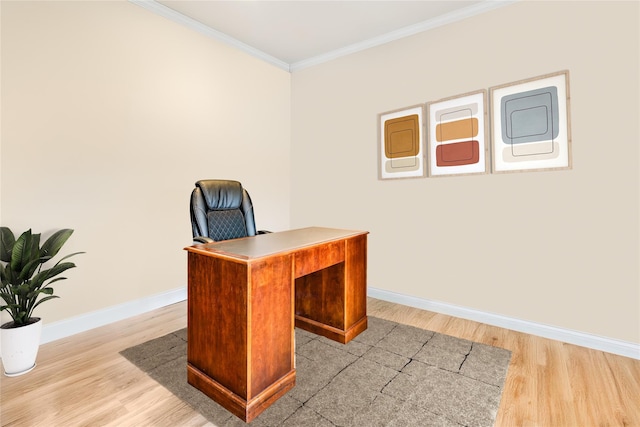 office featuring ornamental molding and light wood-type flooring