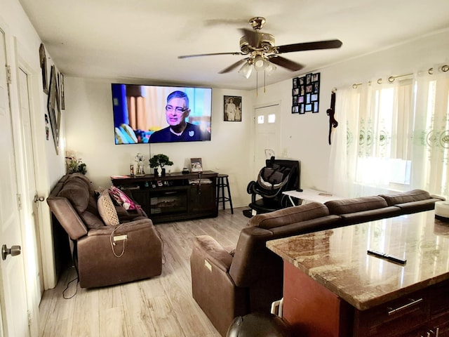 living room featuring light hardwood / wood-style floors and ceiling fan