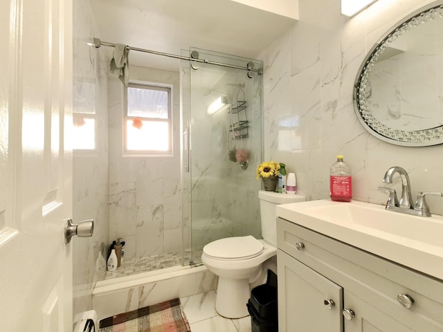 bathroom with tile walls, a baseboard heating unit, vanity, toilet, and walk in shower