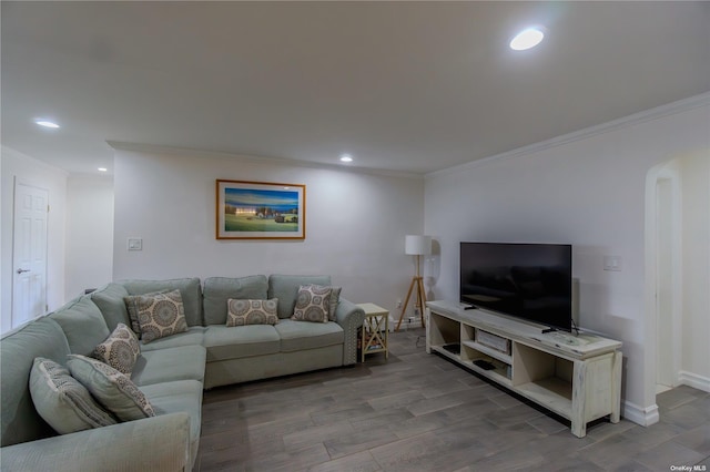 living room featuring wood-type flooring and ornamental molding