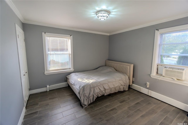 bedroom featuring crown molding, dark hardwood / wood-style floors, and cooling unit