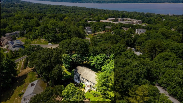 bird's eye view with a water view