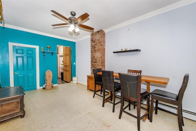 dining area with ceiling fan and ornamental molding