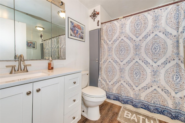 bathroom featuring vanity, hardwood / wood-style flooring, and toilet