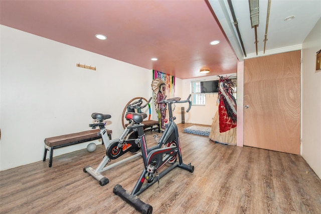 workout area featuring hardwood / wood-style floors