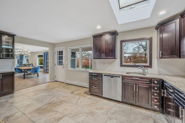 kitchen with dark brown cabinetry, sink, backsplash, and dishwasher