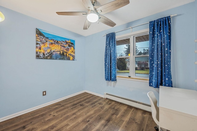 empty room featuring a baseboard radiator, ceiling fan, and dark hardwood / wood-style flooring