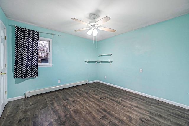 unfurnished room with ceiling fan, a baseboard radiator, and dark hardwood / wood-style floors