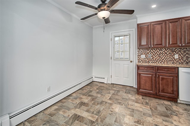 kitchen with tasteful backsplash, a baseboard radiator, ceiling fan, white dishwasher, and crown molding