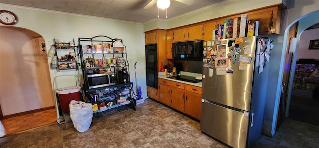 kitchen featuring ceiling fan, ornamental molding, and black appliances