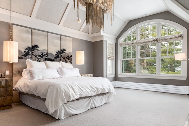 carpeted bedroom featuring multiple windows, vaulted ceiling, and a baseboard radiator