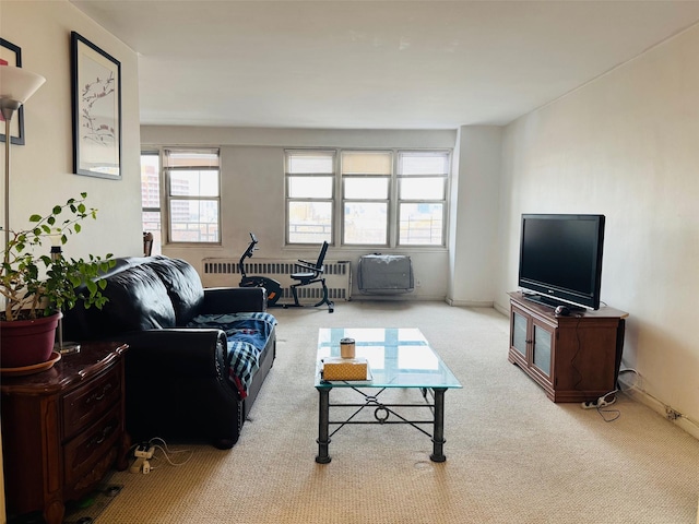 carpeted living room featuring radiator heating unit