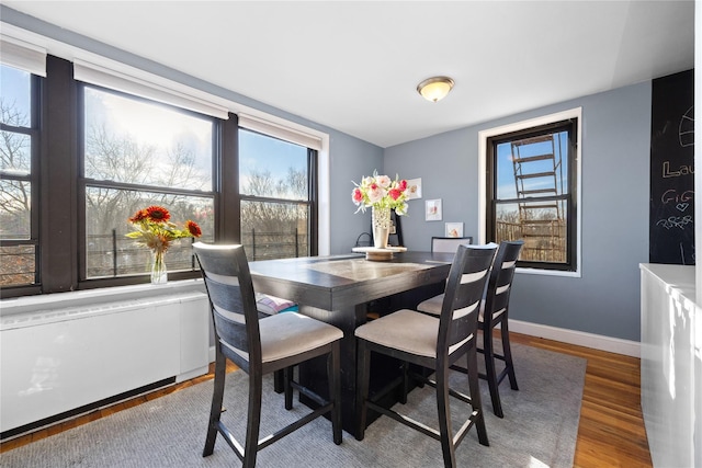 dining space with dark hardwood / wood-style flooring