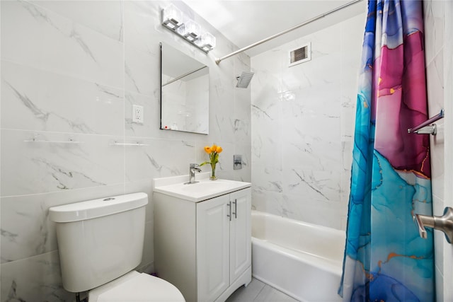 full bathroom with shower / bathtub combination with curtain, vanity, toilet, and tile walls