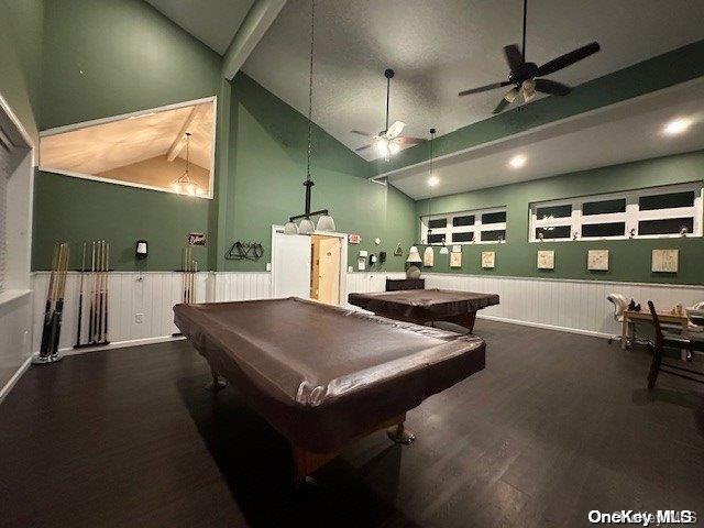 recreation room with billiards, lofted ceiling with beams, dark hardwood / wood-style floors, and ceiling fan