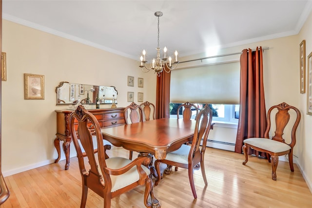 dining area featuring a notable chandelier, baseboard heating, light wood-type flooring, and crown molding