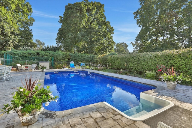 view of swimming pool featuring a patio, a fenced backyard, and a fenced in pool