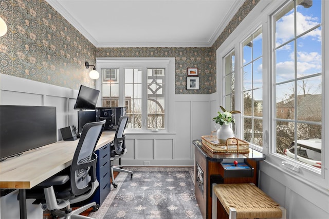 office space with crown molding and a healthy amount of sunlight