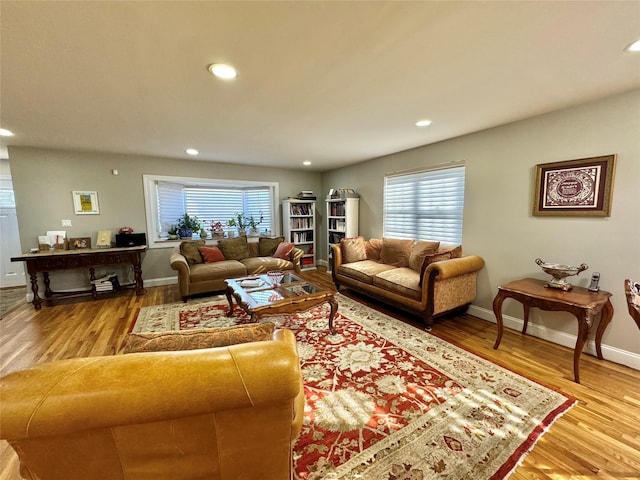 living room with hardwood / wood-style floors and a healthy amount of sunlight