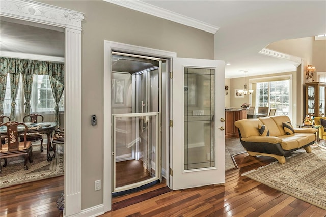 doorway to outside with baseboards, dark wood-type flooring, an inviting chandelier, and crown molding