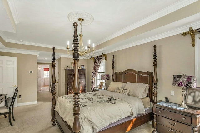 carpeted bedroom featuring multiple windows, crown molding, and an inviting chandelier