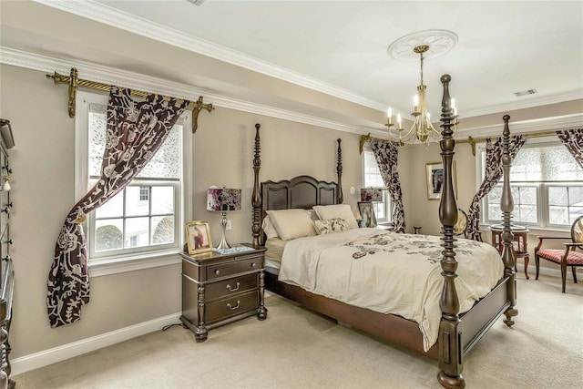 bedroom featuring an inviting chandelier, ornamental molding, and light colored carpet