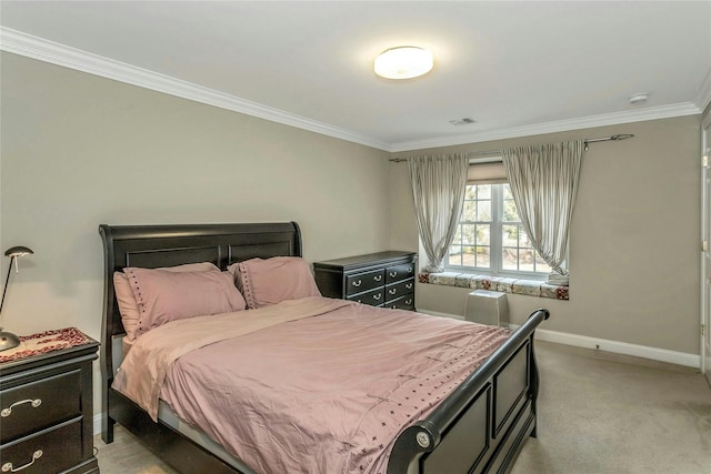 bedroom with light carpet, baseboards, visible vents, and crown molding