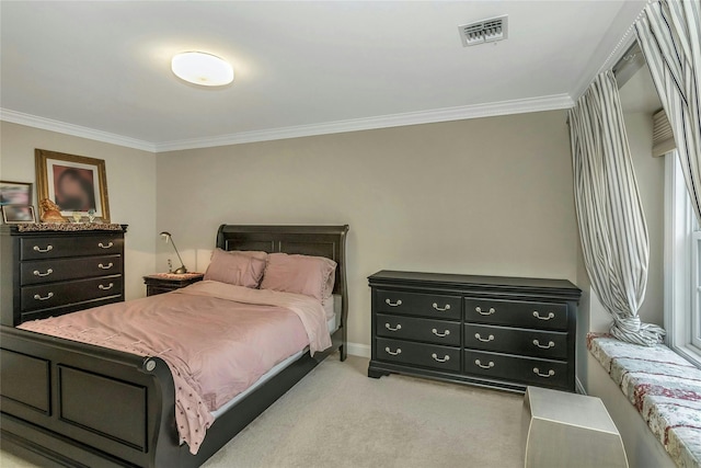 bedroom with baseboards, visible vents, ornamental molding, and light colored carpet