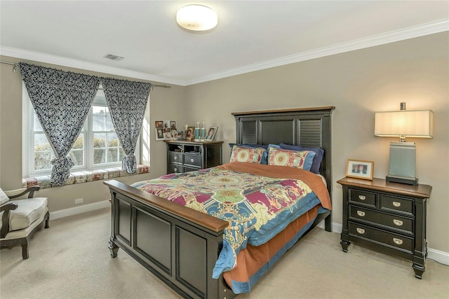 bedroom with light colored carpet, visible vents, crown molding, and baseboards