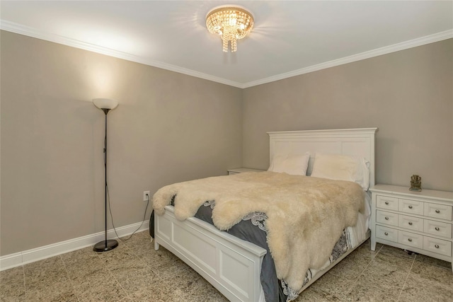 bedroom with light tile patterned floors, ornamental molding, an inviting chandelier, and baseboards