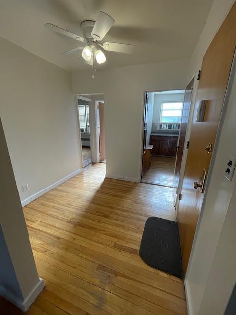 interior space with ceiling fan, plenty of natural light, and light hardwood / wood-style floors