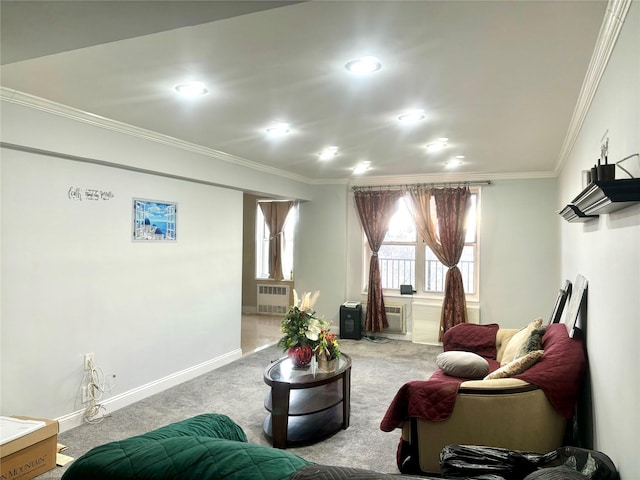 carpeted living room with crown molding