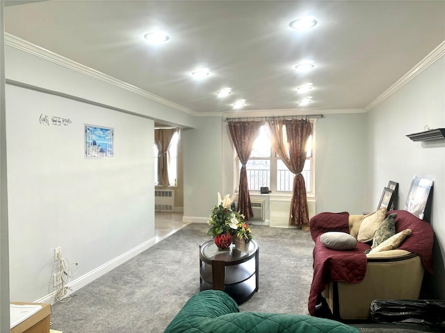 living room featuring radiator, crown molding, and carpet flooring