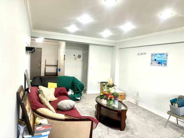 carpeted living room featuring crown molding