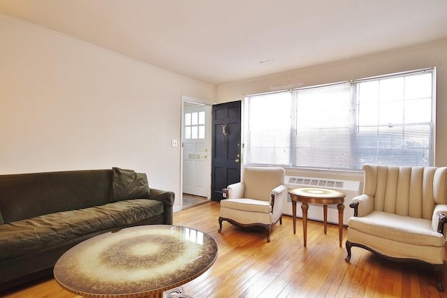 living room with crown molding and light wood-type flooring