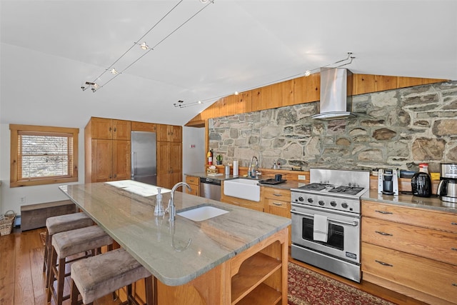 kitchen featuring premium appliances, lofted ceiling, a sink, an island with sink, and ventilation hood