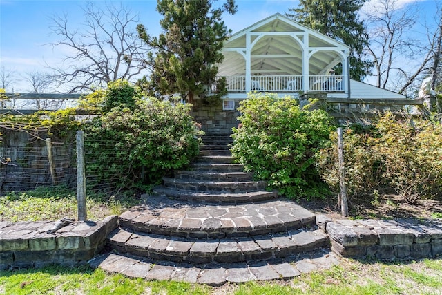 100 Pleasant Hill Rd, New Windsor, NY 12553 - view of yard featuring stairway, fence, and covered porch