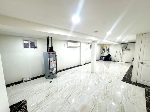 basement featuring water heater and an AC wall unit